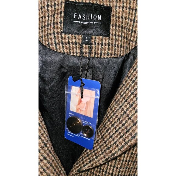 Chocolate Brown Wool Blend Tweed Houndstooth Blazer Jacket Suede Elbow Patches L - Picture 7 of 12